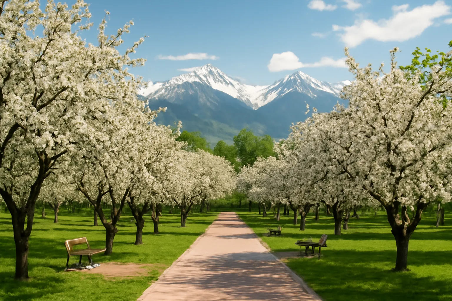 Pommiers en fleur autour d'Almaty, montagnes Tian Shan du Kazakhstan en arrière-plan
