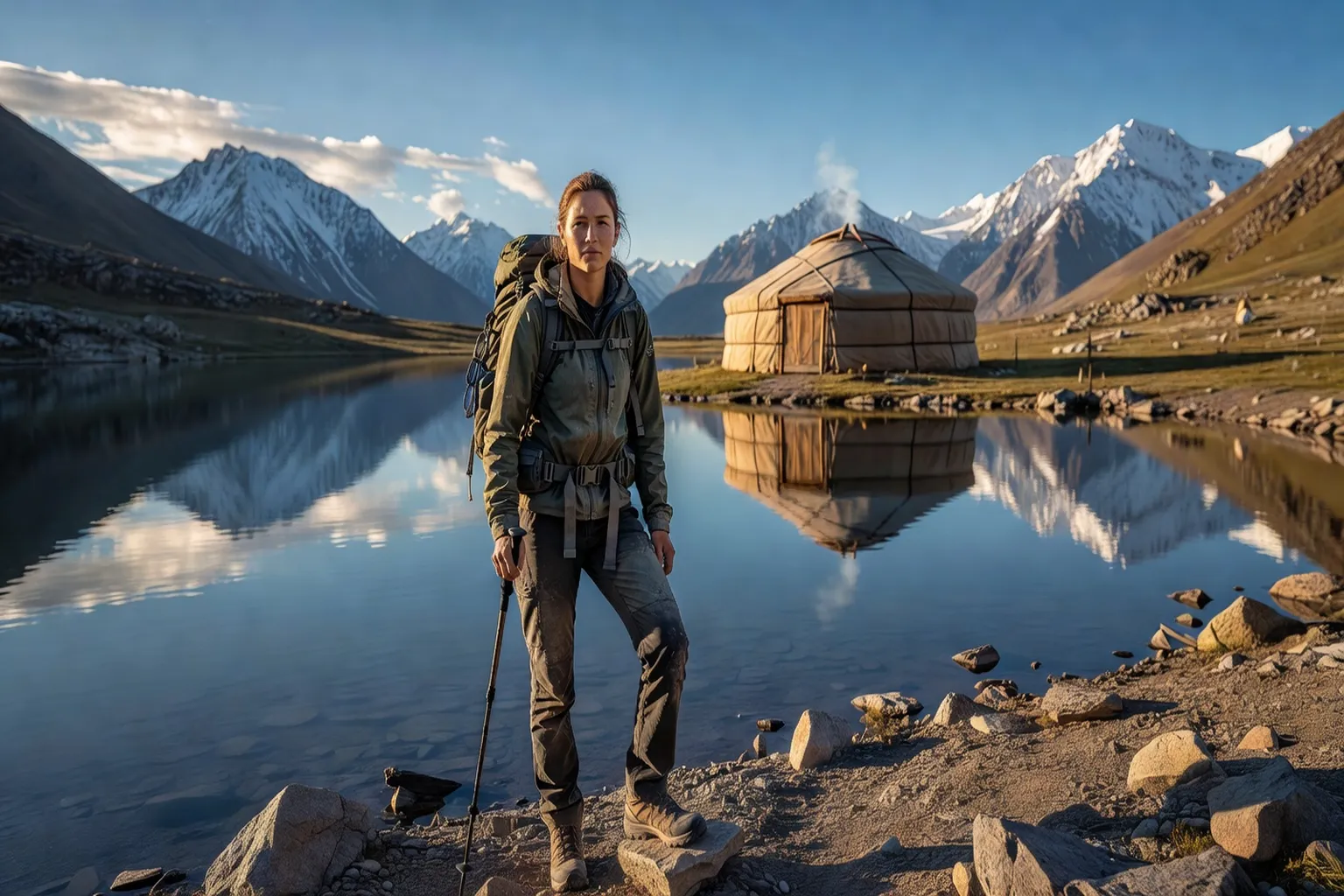 Femme en trek seule en Asie centrale, lac de montagne, yourte nomade en arrière-plan