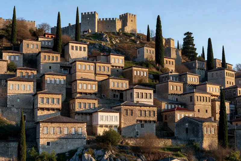 Château de Berat dominant la rivière Osum au coucher du soleil