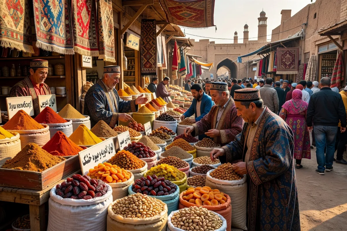Marché bazar en Asie centrale avec épices et fruits secs colorés