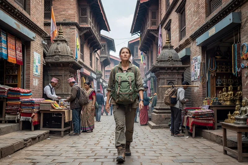 Voyageuse avec un sac à dos marchant dans une ruelle pavée du quartier de Thamel à Katmandou, entre boutiques d'artisanat et façades de briques