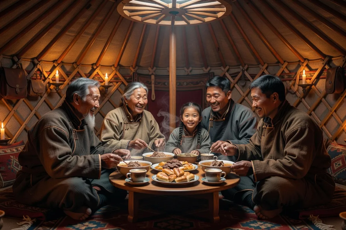 Intérieur d'une yourte mongole avec famille nomade autour d'un repas