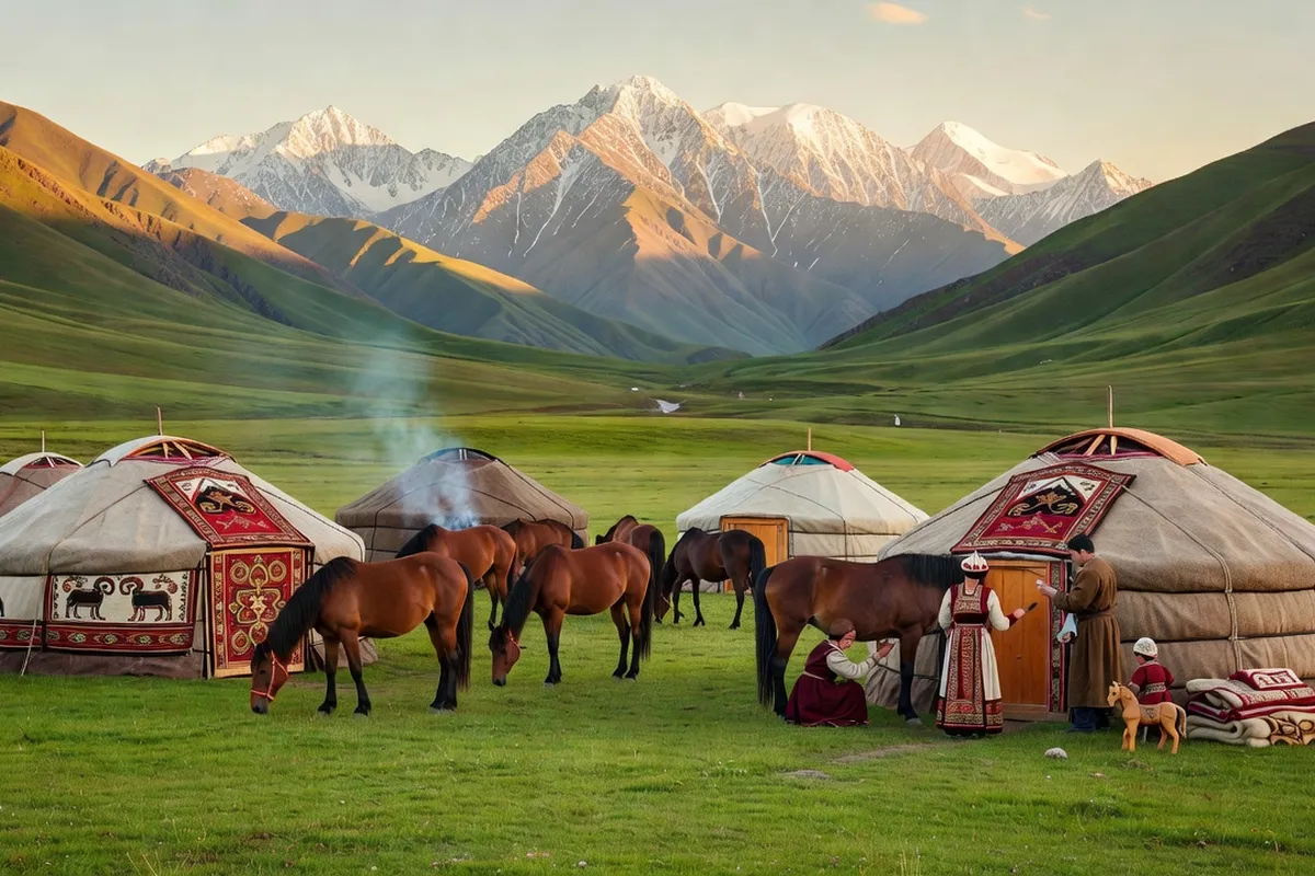 Yourtes traditionnelles kirghizes dans les pâturages d'altitude du Tian Shan en été