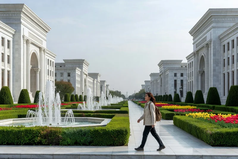 Avenue d'Achgabat bordée de bâtiments en marbre blanc, de fontaines et de jardins, avec une voyageuse qui marche sur le trottoir