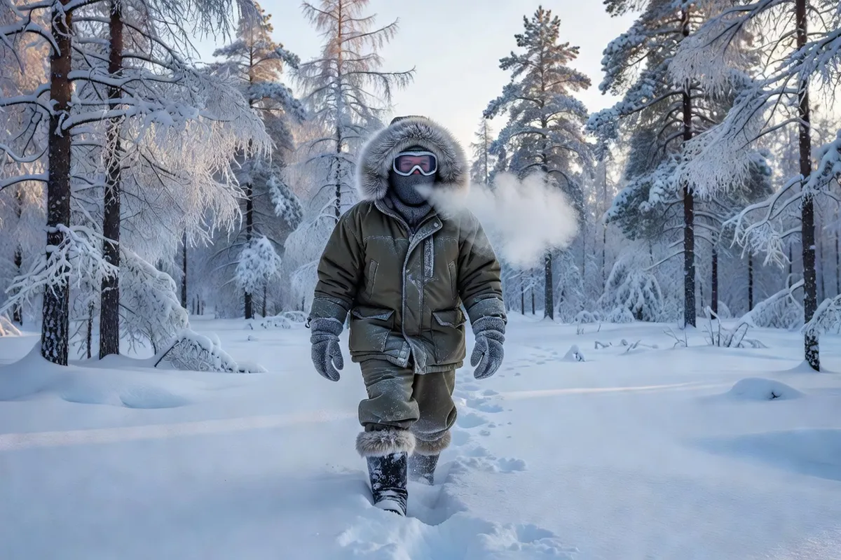 Voyageur en équipement grand froid sibérien à Yakoutsk, forêt enneigée et brouillard de glace