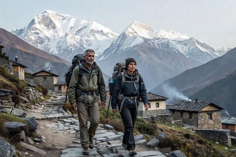 Deux randonneurs adultes avec des sacs à dos sur un sentier du trek des Annapurna, face aux sommets enneigés de l'Himalaya