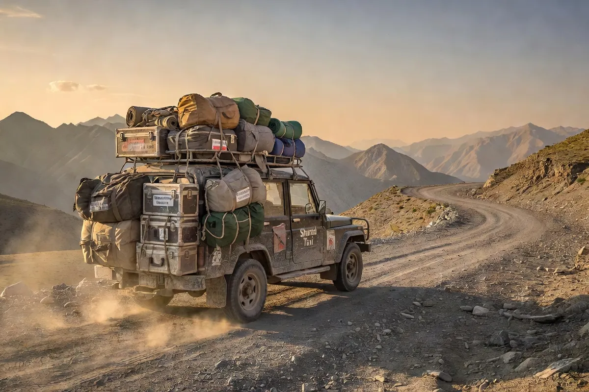 Jeep 4x4 chargée de bagages sur une piste de montagne en Asie centrale