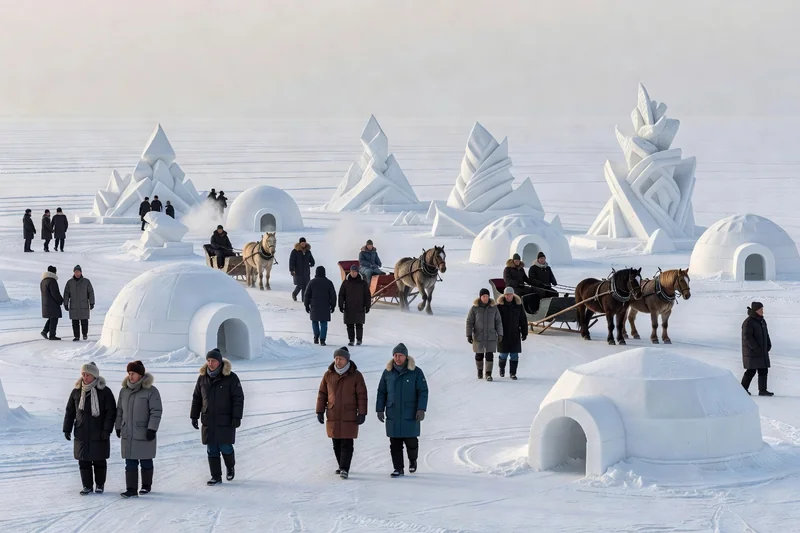 Festival des glaces sur le lac Khövsgöl gelé : sculptures de glace, igloos et traîneaux tirés par des chevaux parmi les visiteurs