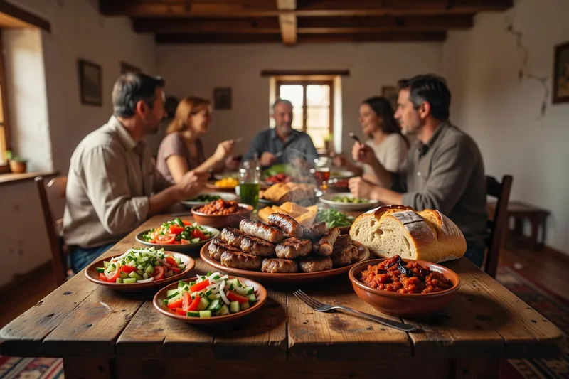Réunion familiale serbe autour d'une table et de plats traditionnels