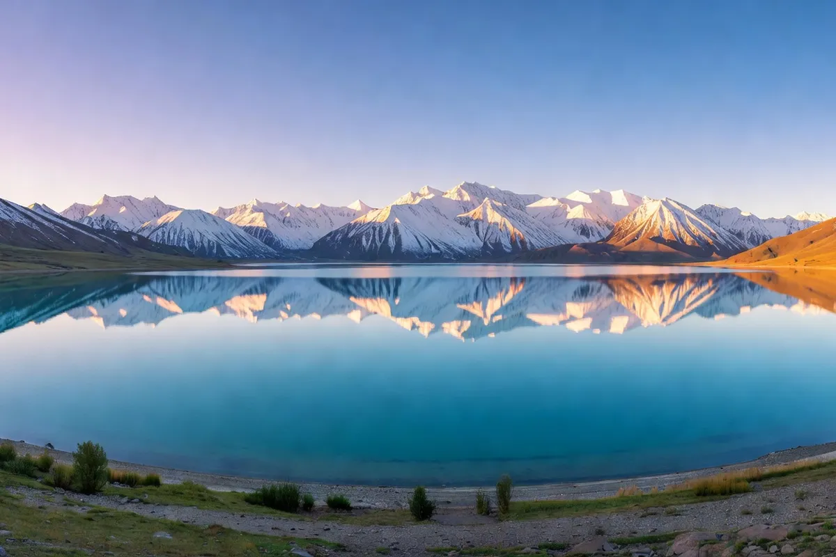 Panorama sur le lac Issyk-Koul depuis les hauteurs du Tian Shan, ciel bleu intense