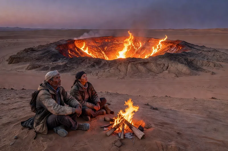 Deux voyageurs assis près d'un feu de camp observant le cratère de Darvaza incandescent dans le désert de Karakoum à la tombée de la nuit