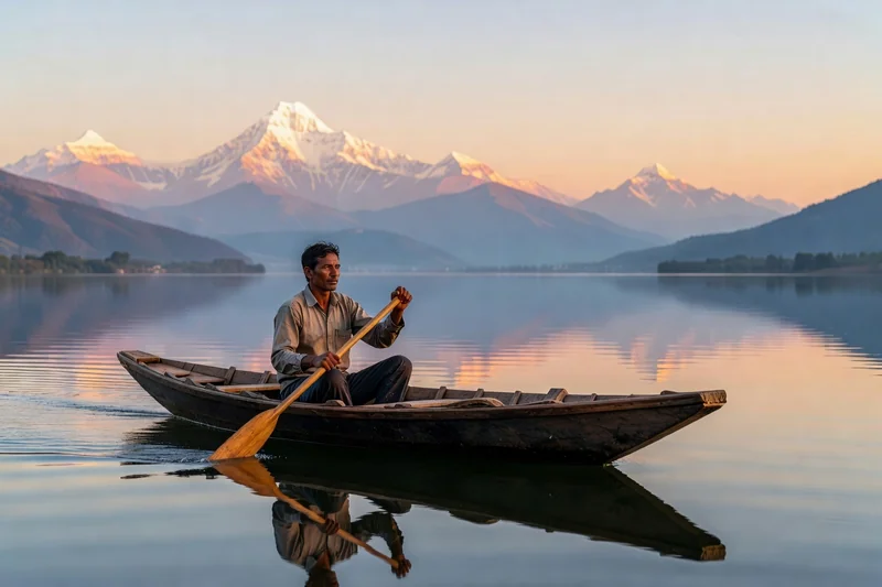 Barque traditionnelle sur le lac Phewa à Pokhara au lever du soleil, avec un rameur népalais et la chaîne des Annapurna en arrière-plan