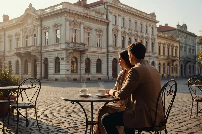 Couple serbe prenant un café en terrasse dans une rue de Belgrade