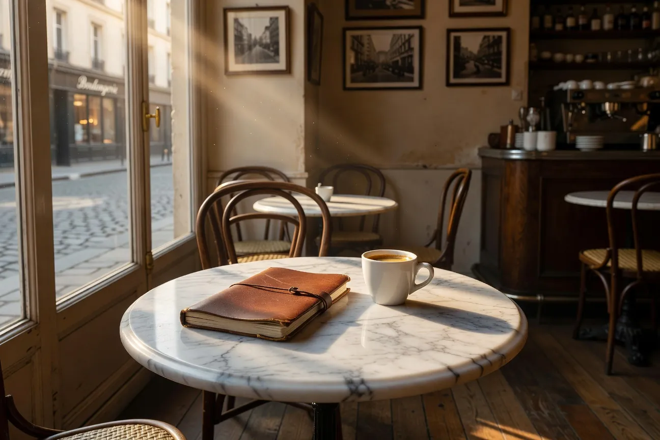Cafe parisien quartier 11e, ambiance editoriale, table avec carnet et tasse de cafe