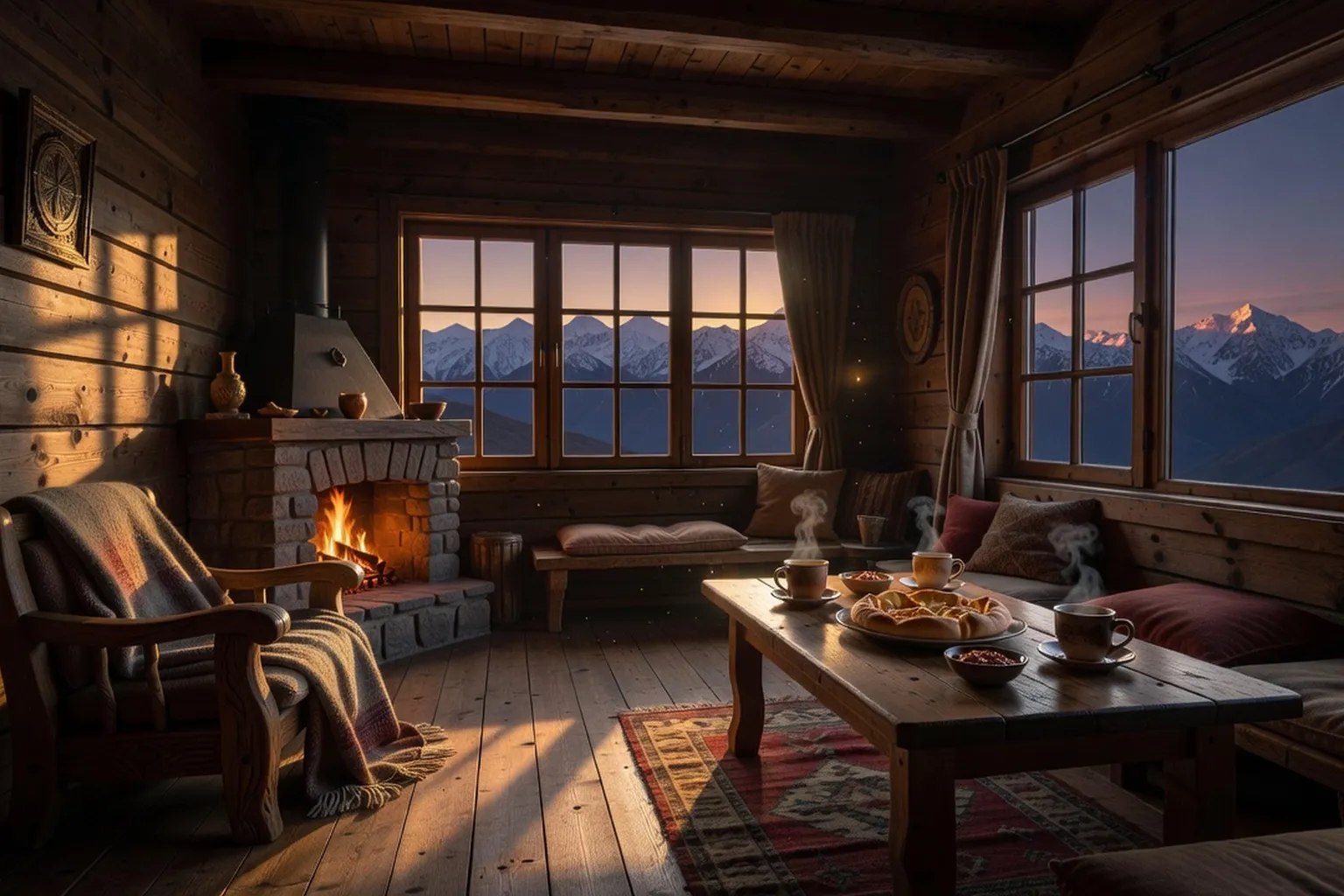 Guesthouse familiale de montagne en Géorgie avec salle à manger chaleureuse pour randonneurs
