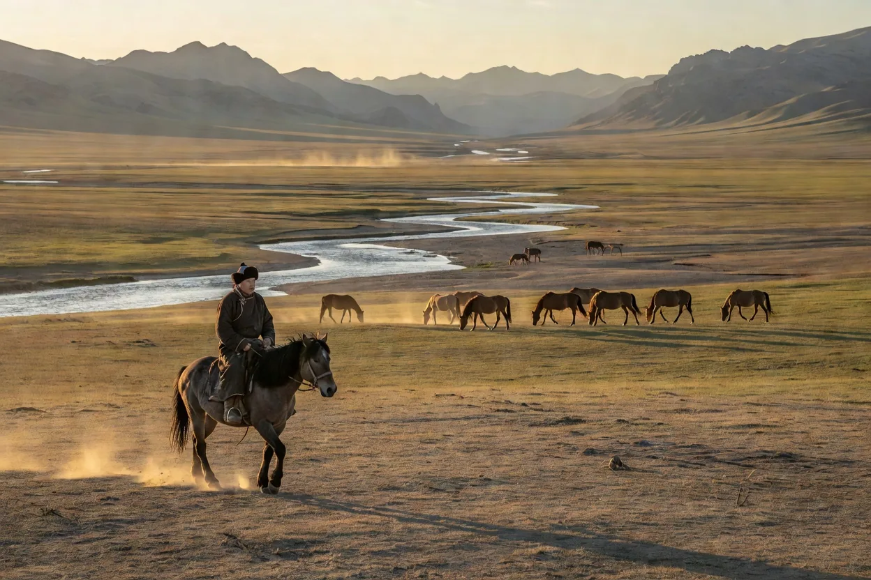 Cavalier mongol conduisant un troupeau de chevaux dans la vallée de l'Orkhon