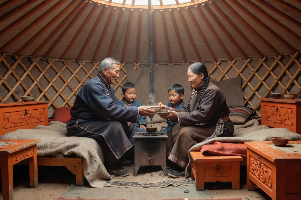 Intérieur d'une yourte mongole où une famille partage le thé autour du poêle central