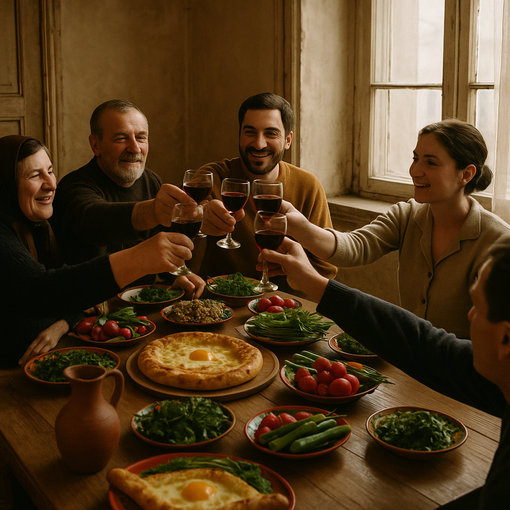 Groupe de voyageurs étrangers partageant un repas traditionnel en Asie centrale
