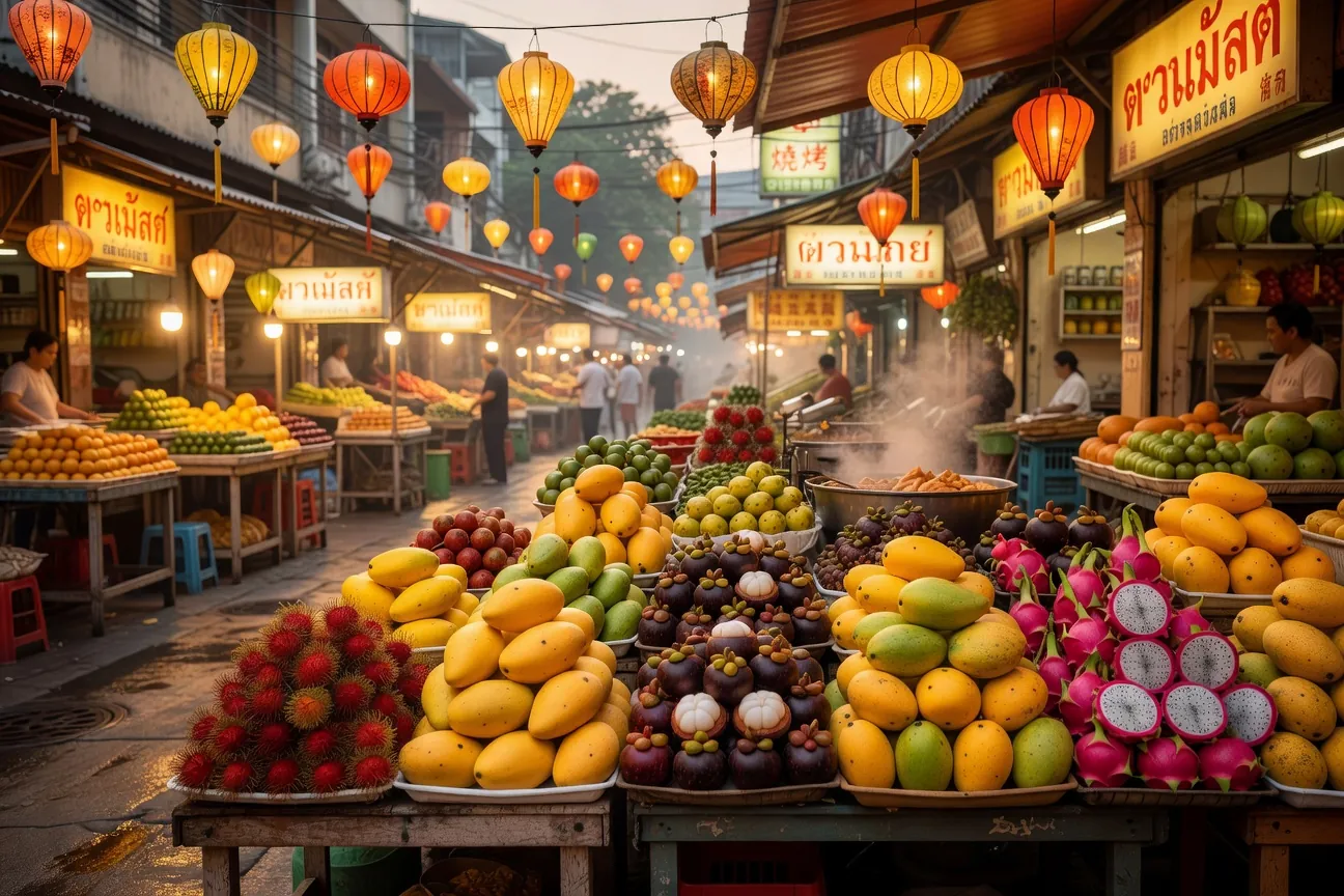 Marche flottant ou marche de rue a Bangkok, Thailande, scene typique avec etals de fruits et plats locaux