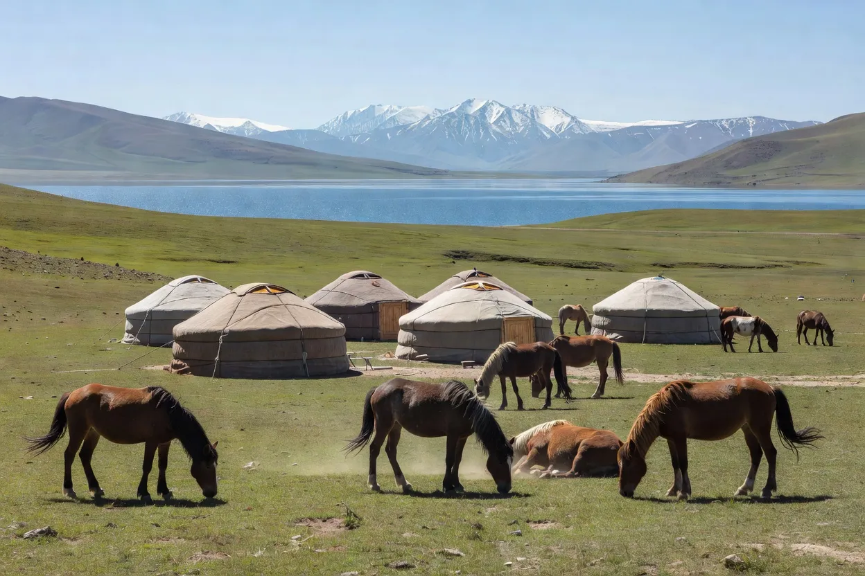Camp de yourtes près du lac Song-Kol au Kirghizistan