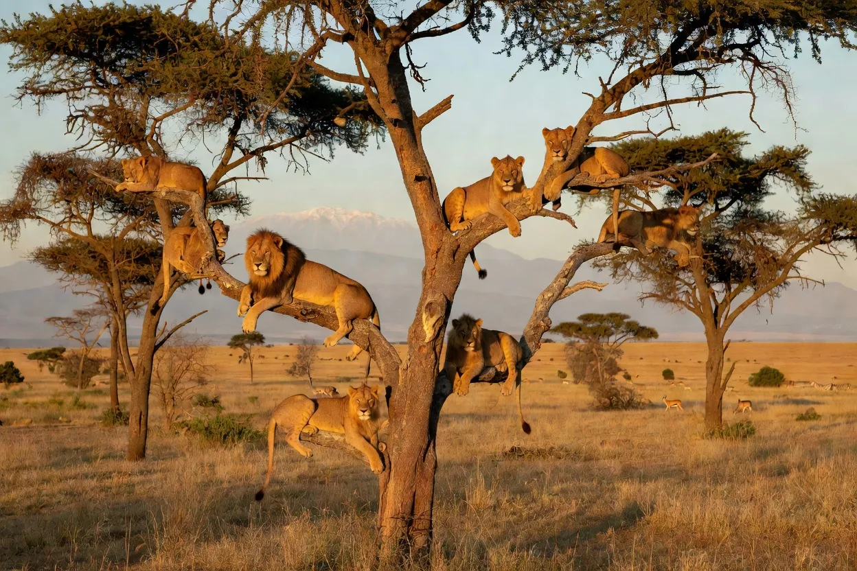 Lions grimpeurs d'arbres dans le Parc National Queen Elizabeth en Ouganda