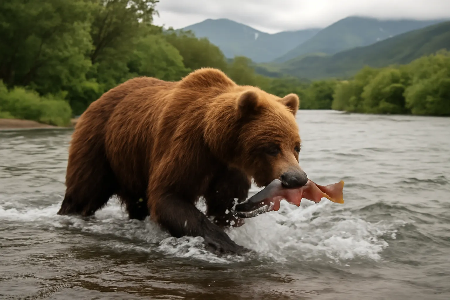 Ours brun pêchant le saumon dans une rivière du Kamtchatka