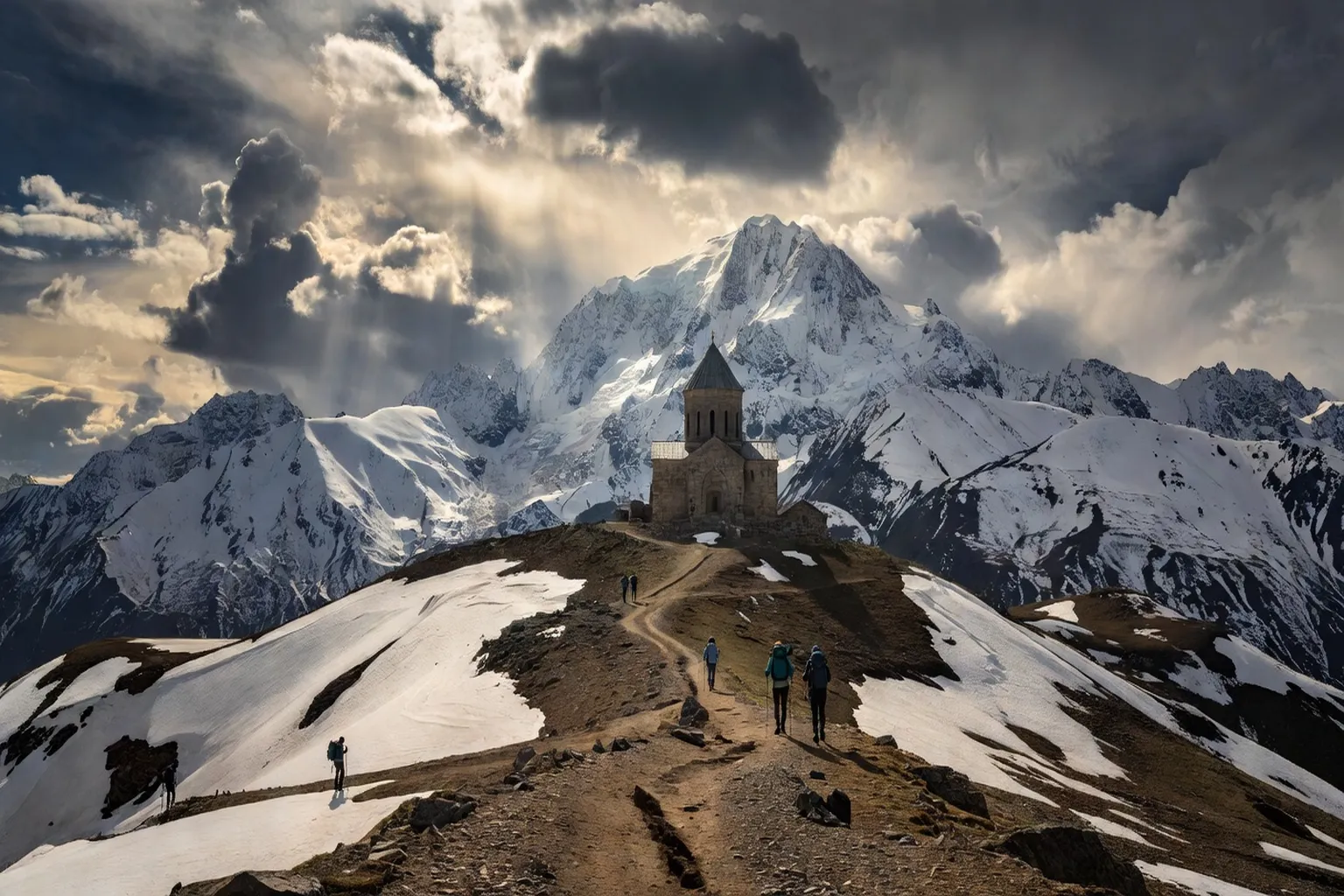 Église de la Sainte Trinité de Guérgéti à Kazbegi, mont Kazbek enneigé, Géorgie