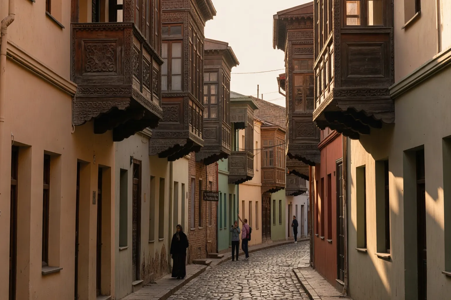 Ruelle de la vieille ville de Tbilissi, balcons en bois sculpté, Géorgie
