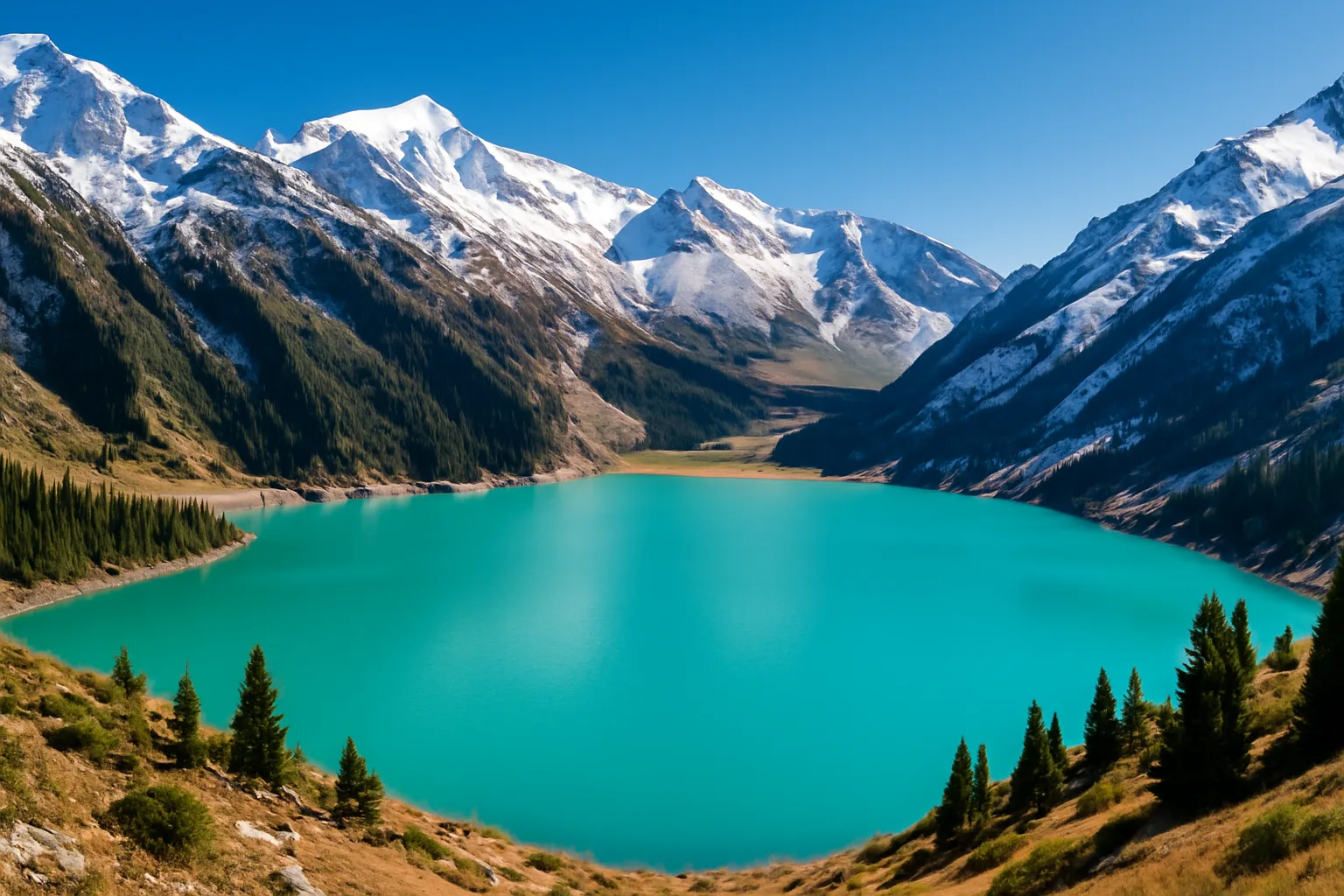 Lac Big Almaty au pied des montagnes du Tian Shan au Kazakhstan