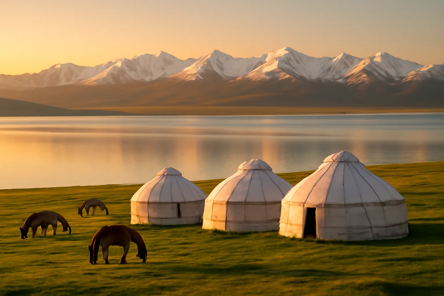 Lac Song-Kol au Kirghizstan avec yourtes et montagnes