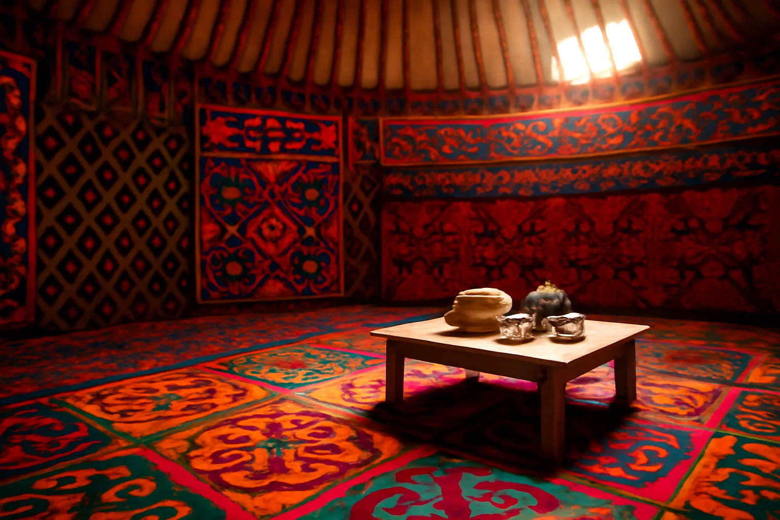 Interieur d'une yourte traditionnelle kirghize avec tapis shyrdak