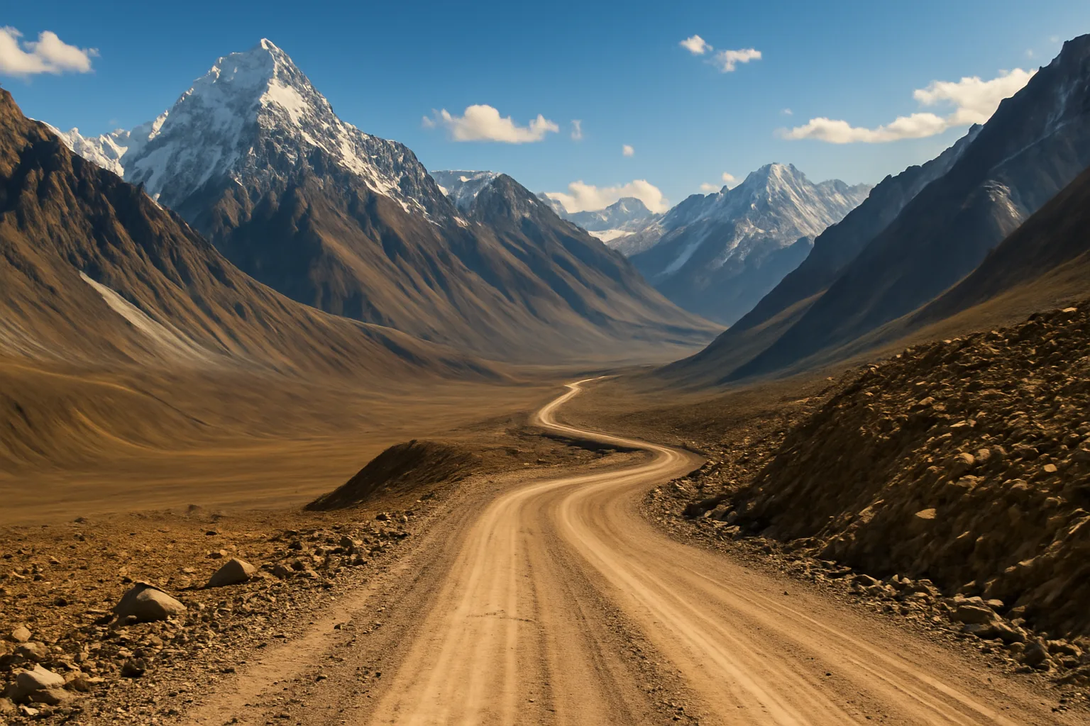 Route du Pamir au Tadjikistan avec montagnes enneigees et ciel bleu