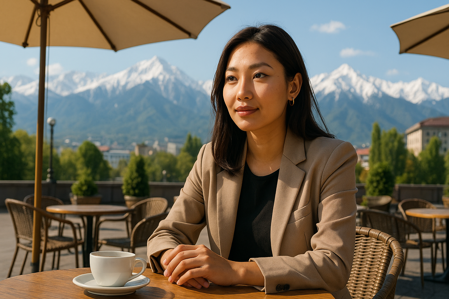 Jeune femme kazakhe en tenue traditionnelle devant un paysage de steppe