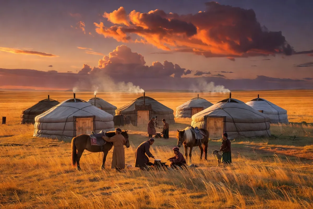 Camp de yourtes mongoles dans la steppe au coucher du soleil