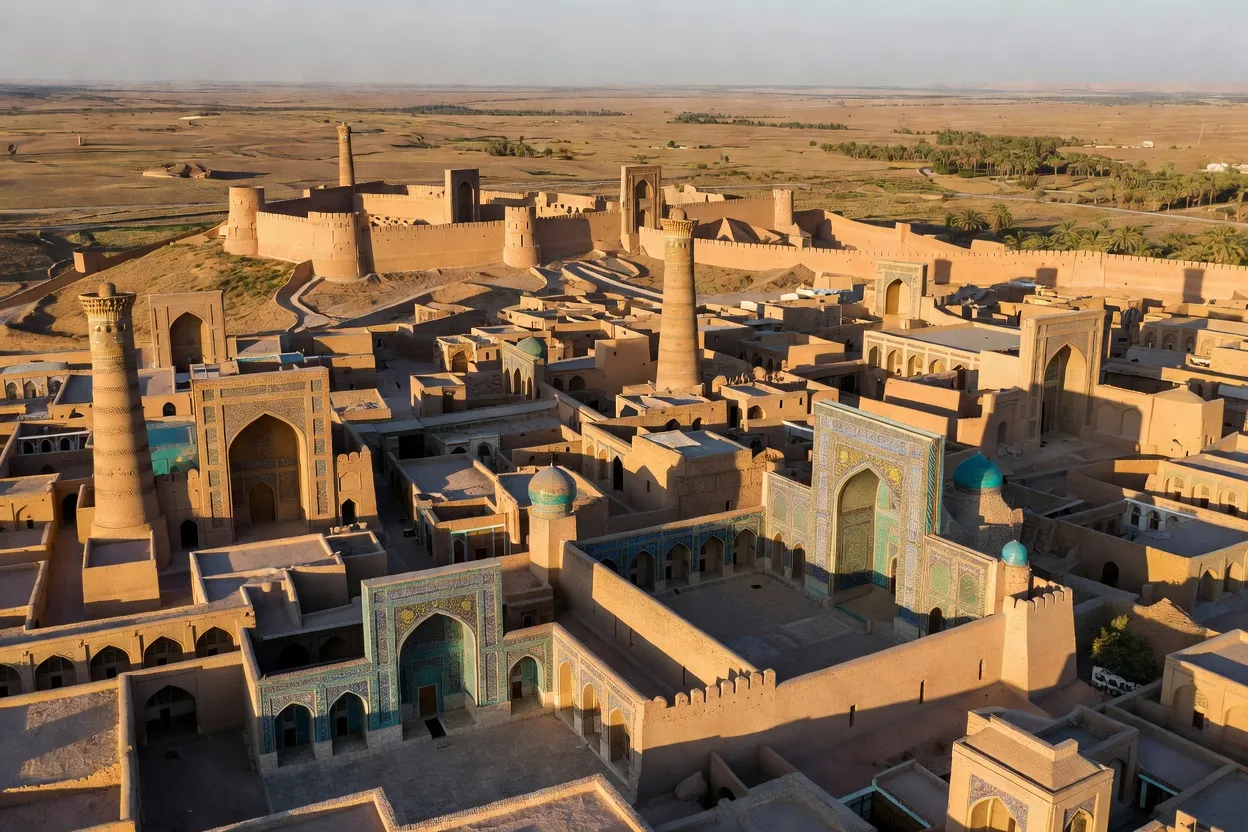 Minaret Kalta Minor et remparts d'Ichan Kala à Khiva au lever du soleil
