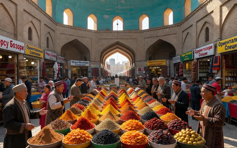 Preparation du plov dans un kazan geant au bazar de Tachkent