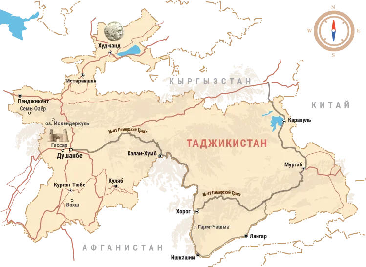 Carte touristique du Tadjikistan avec les principales destinations et la route du Pamir