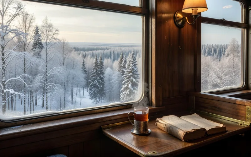 Interieur d'un wagon kupe du Transsiberien avec couchettes et samovar